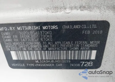 2018 Mitsubishi Mirage Es from USA, damaged, VIN ML32A3HJ6JH010039